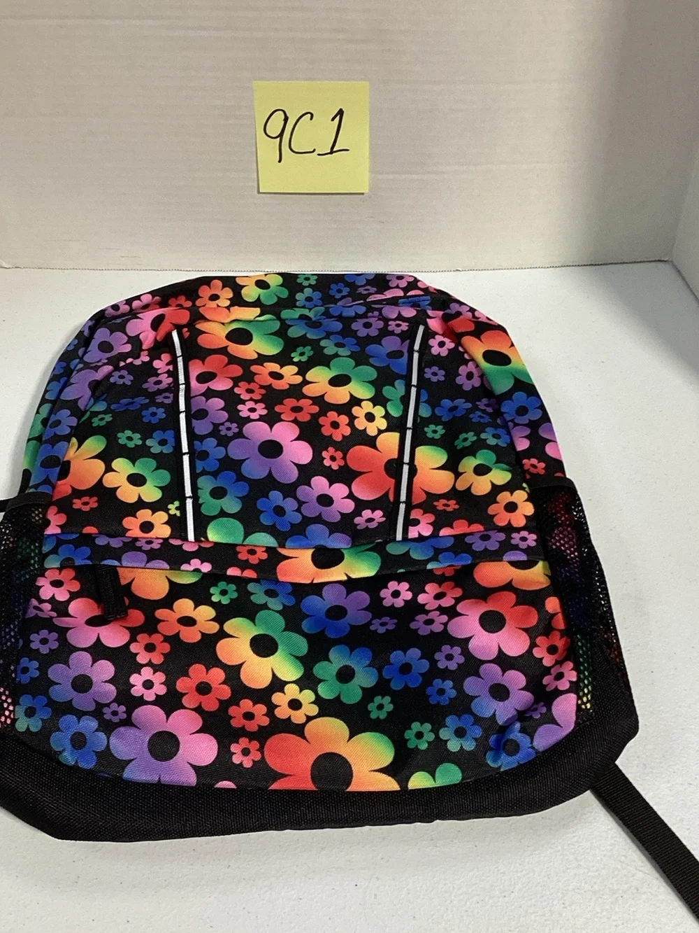 Lands' End Kids Rainbow Flower Backpack - Black with Multicolor Flowers